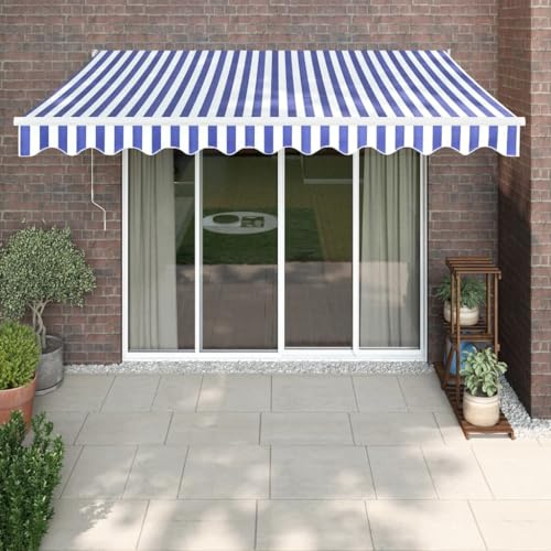 IKAYAA Elektrische markise 350x250 Elektrische Gelenkarmmarkise Markise mit Fernbedienung und Kurbel Sonnenmarkise Sonnenschutz-Blau und Weiß-350 x 250 cm