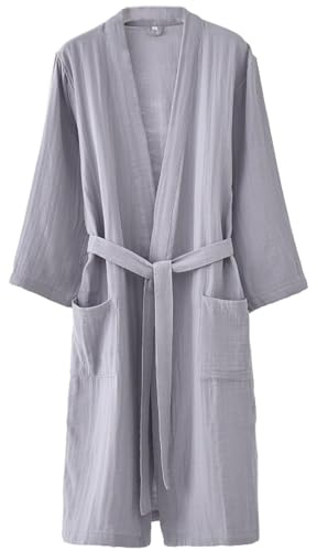 CRETUAO Gris,L, Bata de Gasa de algodón Estilo japonés para Mujer Bata de baño Tipo Kimono Ligera Suave y Fina Pijama Tipo Yukata para SPA Sauna y Ropa de Estar en Verano