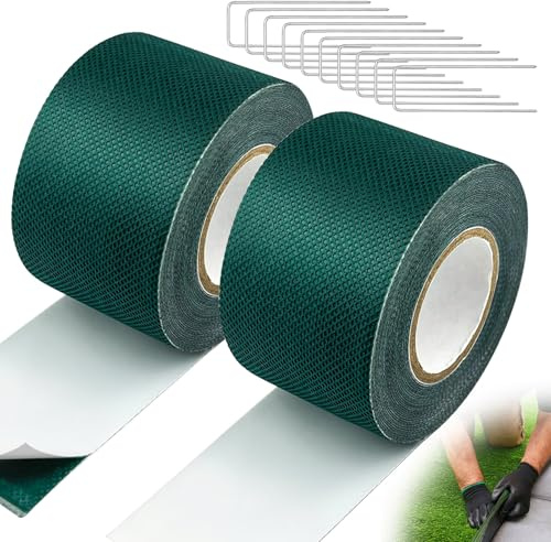 GZkushi Cinta de césped artificial (una cara) alfombra de césped para exteriores, cinta autoadhesiva para conectar césped artificial (2 adhesivos para césped de 50 x 5 cm + 10 clavos de césped)