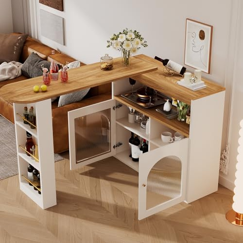Gxffipw Ausziehbarer Bartisch mit 2 Türen und LED-Licht, 360°Drehbarer Esstisch mit Stauraum, Sideboard Bartisch Küche mit Offene Fach, Küchenschrank Barschrank für Esszimmer, Weiß, 138-193x39x105 cm
