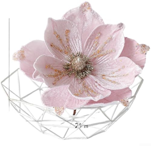 Yhenlovtt Realistische 24 cm künstliche Magnolienblume in Samtbeflockung, für Weihnachten, Heimdekoration, festliche Tischdekoration und Arrangement (Rosa)