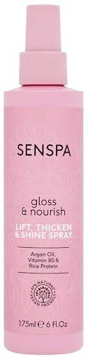 SenSpa Gloss & Nourish Lift Thicken and Shine Spray 175ml – 97% Natural Vegan Haircare for Fuller Thicker Shiner Hair – Argan Oil Vitamin B5 Protein – Volumising Styling Spray – Gift Set for Her