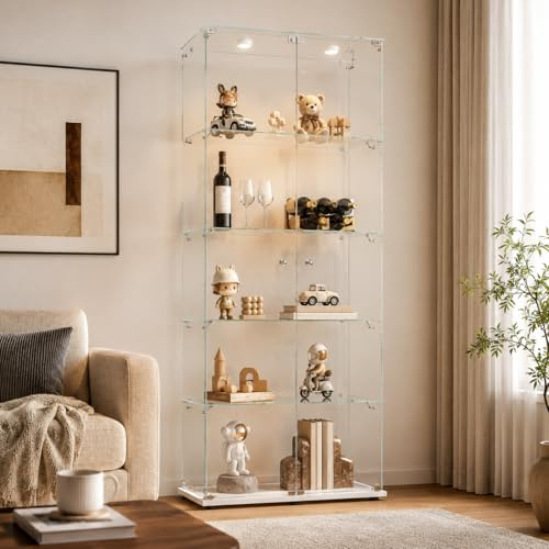 Glasvitrinskåp, stående LED-lampor, vitrinskåp i glas, 5 våningar, 2 dörrar, glasskåp, lämplig för vardagsrum, sovrum, kontor, barer och 5 nivåer, 2-dörrar LED-A)