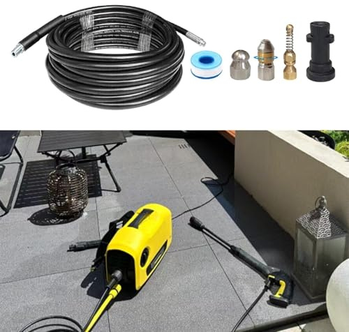 Entgoinggo Kit de limpieza de manguera de drenaje de alta presión para Karcher K1-K5 con 3 boquillas y conector para desatascar tubos de drenaje al aire libre (15 m)