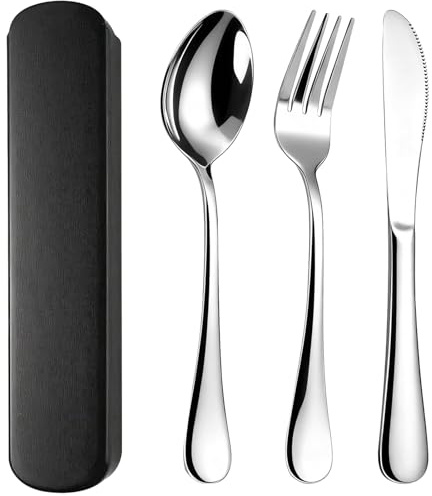 3 st resebestick, campingbestick kit i rostfritt stål, bestickset med bärbart fodral, gaffel, sked