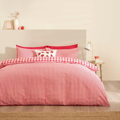 Catherine Lansfield Bamford - Set copripiumino matrimoniale reversibile con federe, motivo a quadretti, colore: rosso