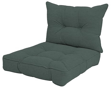 POKAR Stuhlkissen 2er Set 1x Sitzkissen 50x50x10 cm + 1x Rückenlehne 50x40x10 cm | Loungekissen aus Cord | Auflagen für Gartenstuhl und Rattanmöbel | Öko Tex Zertifiziert | Made In EU | Flaschengrün