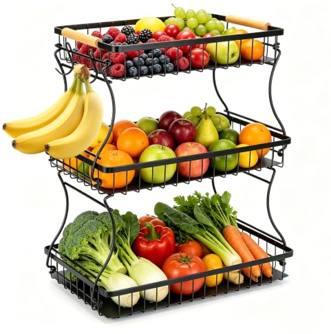 Romon Fruteros De Cocina 3 Pisos Negro, Diseño Calado Con Ganchos, Decoración De Mesa, Estante Metálico para Frutas Y Verduras, Ideal para Encimera De Cocina