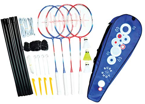 Sure Shot London 4-spelare badmintonracket set med 4 x vuxna racketar och 3 fjäderbollar inklusive bärbart nät och stolpe och bärväska, röd/blå/vit, en storlek