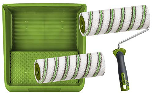 Premium Maler Set 4 tlg | Malerrolle 25 cm 12 mm Flor | Farbwalze Malerwalze für glatte Oberflächen | Steckbügel mit 2K Griff | Farbwanne Lackierwanne 32 cm x 36 cm | Streich-Set Malerzubehör