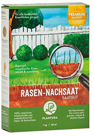 Plantura Rasen-Nachsaat, schnellkeimendes Premium-Saatgut mit Mantelsaat, 1 kg für 50 m²
