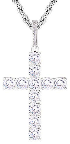 KRKC&CO Kreuz Kette Iced Out, Weißgold plattiert Kreuz Anhänger, 2,5mm 56cm Rope Kette mit Iced Out Kreuz Anhänger, Kreuz mit Zirkonia Silber Kreuzkette Hip Hop Anhänger Kette Geschenke für Herren