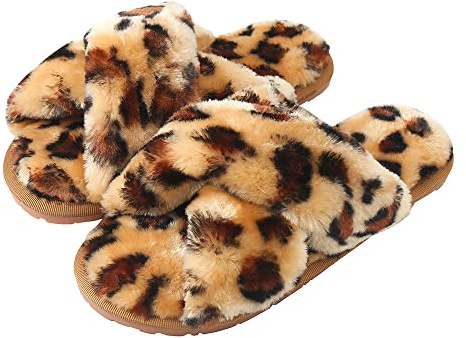 Hitopteu Damtofflor Fluffiga Tofflor Fuskpäls Lurviga öppen tå Tofflor Inomhus Utomhus Slippers Sandaler för Damer Brun leopard EU 39/40 voor labelgrootte 40/41