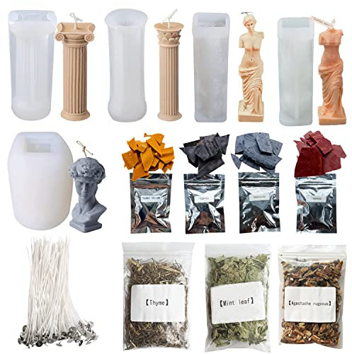 Yayatty 5 Pack Candle Molds - Roman Column Resin Molds with 50 PCS Cotton Wicks, 4 Color Dyes, Natural Dried Flowers