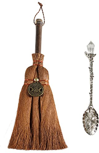 Soulnioi 9.4 Witch Altar Broom Miniature Tree of Life Brush Mane Broomstick for Magic Ceremonial, Halloween Wiccan Ritual and Retro Coffee Spoons White Crystal Antique Carved Ice Cream Spoons