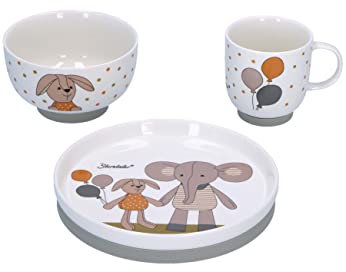 Sterntaler Baby Unisex Kindergeschirr Set Porzellan-Geschirr-Set 3-teilig Elefant und Hase - Frühstücksset, Babygeschirr - weiß