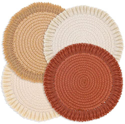 Herbst Rundes Baumwoll-Tischsets, 4 Stück Hitzebeständige Bauernhaus Tischsets, 33cm, Boho für Drinnen und Draußen, Waschbar für Küche, Zuhause, Weihnachtsdekoration