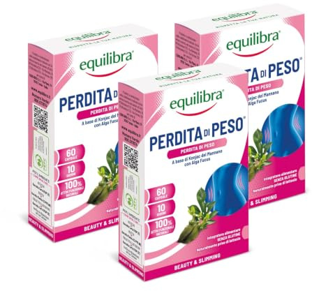Equilibra Integratori Alimentari, Perdita di Peso, Integratore per Pedita Peso con Fibra di Konjac e Alga Fucus, Normale Metabolismo e Normale Funzione Tiroidea, Senza Glutine, 3 Pezzi da 60 Capsule
