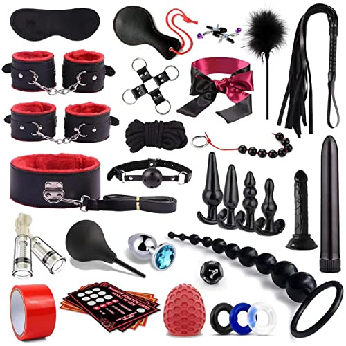 BDSM Toy for Adult Couples,34pcs Sex Toys Kit for Bondaged Restraints with Handcuffs Sex and Anal Plug Toys,Body-Safe Sexual Pleasure Tools for Women and Men