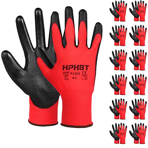 HPHST PU Besichtet Arbeitshandschuhe, 12 Paar Arbeit Handschuhe für Herren und Damen Rutschfeste Montagehandschuhe Gartenhandschuhe mit PU-Beschichtung für Bauarbeiter Mechaniker, Rot (S)