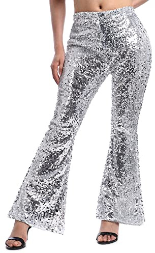 Damen Glitzer Pailletten Schlaghose High Waist Weites Bein Hose Legins Cargohose Hippie 70er 80er 90er Jahre Kost?m Mottoparty Disco Rave Tanz Outfit Clubwear Karneval Fasching Halloween Silber XL