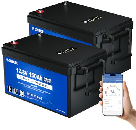 DCHOUSE 2 Pack 12V 150AH LiFePO4 Bluetooth Lithium Batterie mit SOC-Leuchte&BMS-Anzeige,Tieftemperaturschutz,Deep CycleLithiumbatterie, für Wohnmobile,Solaranlagen,Wohnwagen, Trolling-Motoren