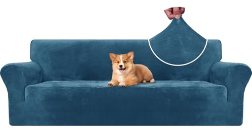CYCMACO Samt Sofa Überzug 4 Sitzer, Sofabezug Elastische, Couch Überzug Haustier Katze Hunde, Universal Sofa Cover Moderne, Sofahusse Mit Armlehnen, Sofaschoner rutschfest, Pfau Blau