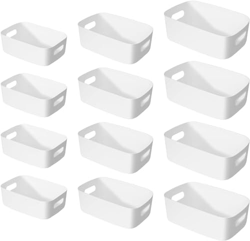 12 Stück Weiß Aufbewahrungsbox, Kunststoff Aufbewahrungskorb mit Griffen | Badezimmer Küchenschrank Organizer, Aufbewahrungskorb Aufbewahrungsbox, Boxen Aufbewahrung für Küche, Bad, Speisekammer
