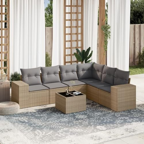 SECOLI Rattan Gartenlounge Con Stauraum XXL Loungemöbel Set Terrassenmöbel Loungesofa Sitzgruppe Rattan Ecklounge Gartenmöbel Set Balkon Möbel Beige 7-TLG-Type-323