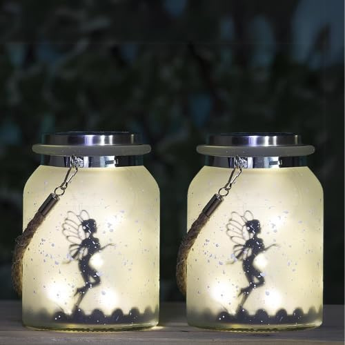 Garden Mile Solarbetriebene hängende Feenlaterne, Milchglas-Lichterkette, Lampe, für den Innen- und Außenbereich, Einmachglas-Beleuchtung, 20 LEDs, Glühwürmchen-Lichter, Garten, Solarlaterne Glas (2)