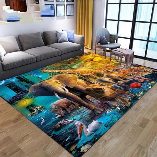 Tiger Löwe Elefant Giraffe AFFE Teppich Kinderteppich Wohnzimmerteppich Schlafzimmerteppich 3D-Gedruckter Superweicher Flanellteppich 80 X 120 cm -Polyester-Soft-Touch,Leicht Zu Reinigen -4I1S8D1
