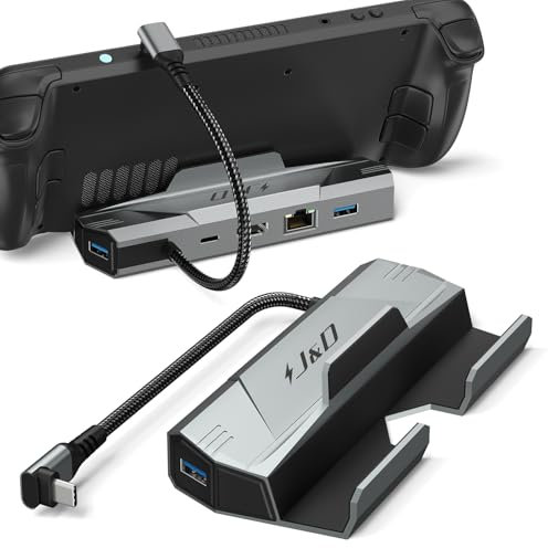 J&D 6-in-1 Docking Station for Steam Deck/ROG Ally | HDMI 2.0 4K@60Hz, Gigabit Ethernet 1000M, 3 USB-A 3.0, 100W USB-C Charging Port | Steam Deck/ROG Ally Dock Station, Grey