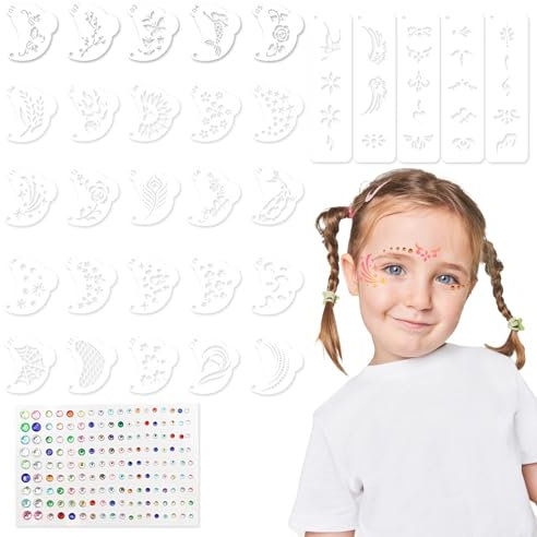 VEGCOO Plantilla de Pinturas Cara para Ninos Adulto,30 Pintacaras infantil,162 Pegatina Diamantes Cara,Plantillas Pintura de Maquillaje Facial Reutilizable para Halloween Fiestas Carnaval (A)