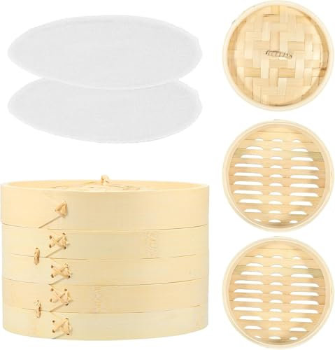Bamboo Steamer Basket 2 Tier Steaming Basket with Lid & Steaming Cloth Reusable Dumpling Steamer for Veggie Fish Seafood Cooking(20cm)