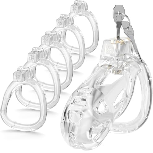 Yivans Harz Keuschheitskäfig Sex Spielzeug für die Männer Keuschheitsgürtel Cock Cage mit 5 Penisringe, SM Fetisch Extrem Penis Bondage Cage Hohldesign Atmungsaktiv Peniskäfig(Transparent - M)