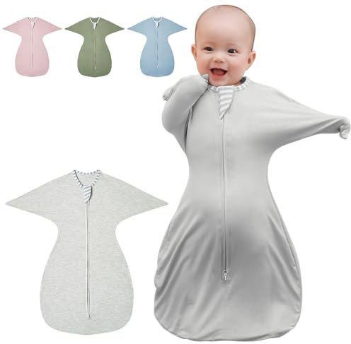 Tyuodna Pucksack Baby 0-3 Monate/3-6 Monate,Weich Schlafsack Baby,Hüftgesund Swaddle für Neugeborene,Unisex Baby Pucktuch,Doppelter Reißverschluss für Einfache Windelwechsel (Grau, 0-3 Monate)