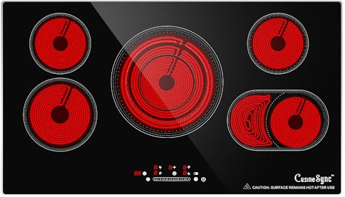 36 Inch Electric Cooktop 5 Burner, 9200W Built-In Ceramic Radiant Stove Top, 240V Hardwired, Works with All Cookware, Touch Control, Timer, Child Lock, Easy Clean Glass Surface