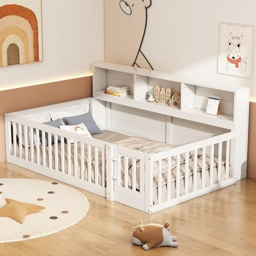 Gegtuon Kinderbett Bett Bodenbett 90x200 cm, Einzelbett Daybett Bettgestell mit Stauraum Regal und Zaun Türen, Tagesbett Holzbett Bettgestell mit Lattenrost für Jungen Mädchen, ohne Matratze, Weiß