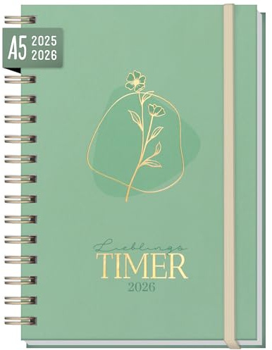 Häfft® Lieblings-Timer Ringbuch Kalender 2025/2026 A5 Green Flower Wochenplaner 17 Monate: Aug. 25 bis Dez. 26 - Hardcover Terminkalender, Terminplaner - nachhaltig & klimafreundlich