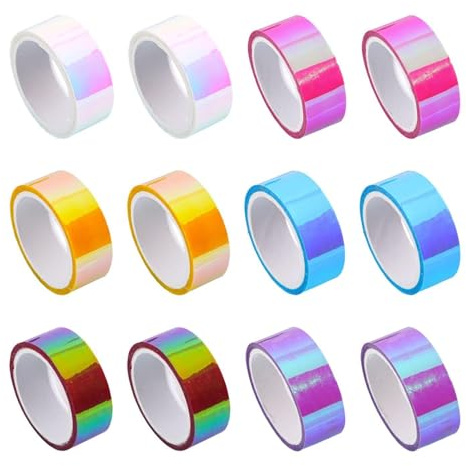 OVDGWC 12 Rotoli Di Nastro Per Gradiente Laser, Nastro Glitter Colorato Autoadesivo, Nastro Artistico Fai-Da-Te, Decorazione Di Adesivi Per Album Di Album, Nastro Creativo