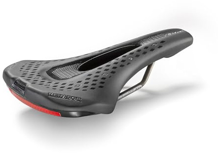 Montegrappa Menador Air Flow Eco Leather Bike Saddle for Racing Use Ebike MTB Gravel Enduro Memory Foam Padding with Safety Device for Night Vision (Black/Silver)