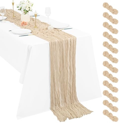 Lot de 12 Chemins de Table en étamine Chemin de Table Bohème en Gaze de 55 x 300 cm, Chemin de Table Rustique et Romantique pour fête de Mariage Thanksgiving décoration de Noël (Beige)