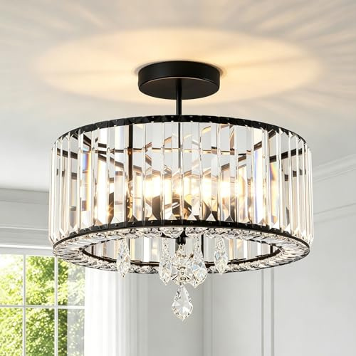ANWIO Lámpara de Techo de Cristal, Lampara Salón Techo Cristal con 3 E27 Base, Lámpara Colgante Moderna Negro, Plafones de Techo para Dormitorio, Cocina,Comedores(37CM, Sin Bombilla)