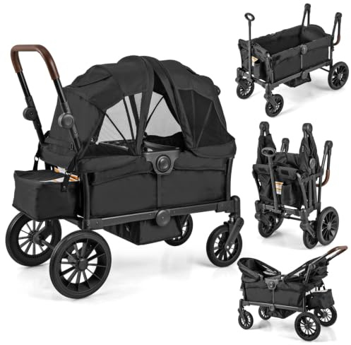 Wagon Stroller for 2 Kids, Collapsible Adjustable Push Pull Handle Bar, 2 Seater Stroller Wagon with Removable Canopy Snack Tray, Comfortable Drop-Down footwell and Upholstered Seats (Black)