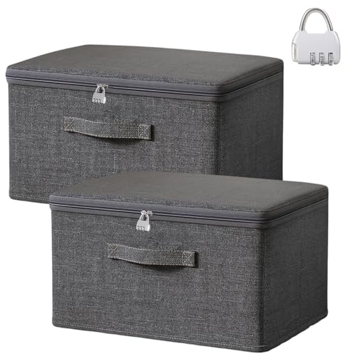 Exquilnova 2 Stück Abschließbare Box, Aufbewahrungsbox mit Deckel Stoff, Stapelbare Faltbox, Abschließbare Kiste mit Griff, Box mit Zahlenschloss für Kleidung Süßigkeiten (XL 45 x 35 x 26 cm)