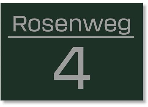 Grafner Hausnummernschild aus Aluminium, dunkelgrün RAL6005, Hausnummer mit Gravur, Straßenname, Name und Hausnummer nach Wunsch, wetterfest und UV-beständig, Türschild, Größe 215 x 150 mm