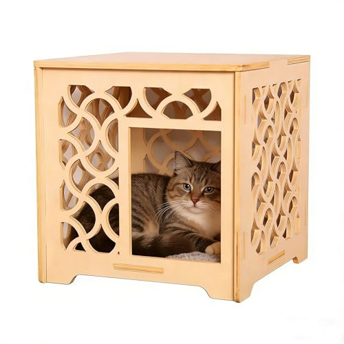 Vintage Carved Hollow Cube Cat House, Handmade Solid Wood Indoor Cat Shelter, Natural Wood Color, Easy to Assemble & Maintain, Elegant Decor for Small Cats Kittens