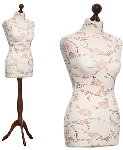DummyDoll Schneiderpuppe weiblich Größe 36/38, Überzug Creme braune Blumen, Holzdreibein Nuss