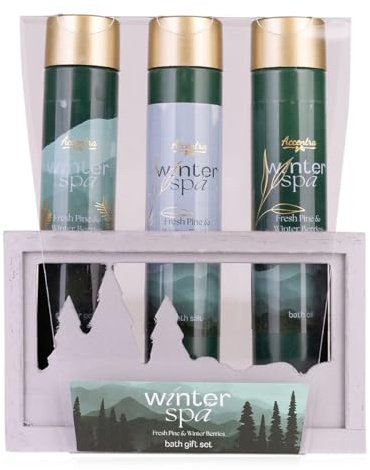 Accentra Badset WINTER SPA i vinterlig trälåda, duschgel, badolja, badsalt, doft: Färsk Tall & Vinterbär, julklapp kvinnor grön