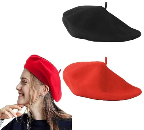 Baskenmütze,2 Stück Schiebermütze Damen,Klassisch Plain Französischer Stil Barett Baskenmütze,Geschenk für Geburtstage von Ehefrauen und Besten Freunde(Schwarz,Rot)